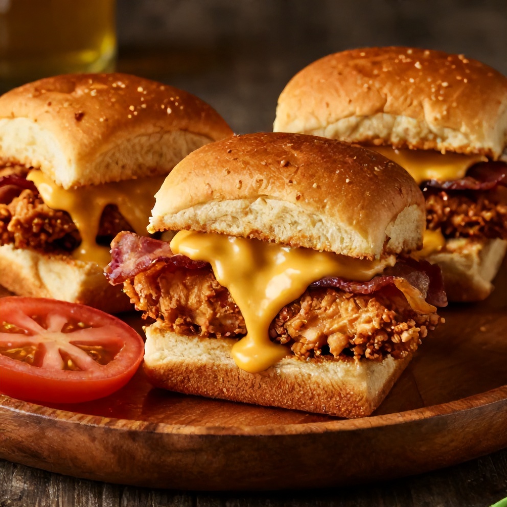Honey Mustard BLT Chicken Sliders on a plate with a side of fries