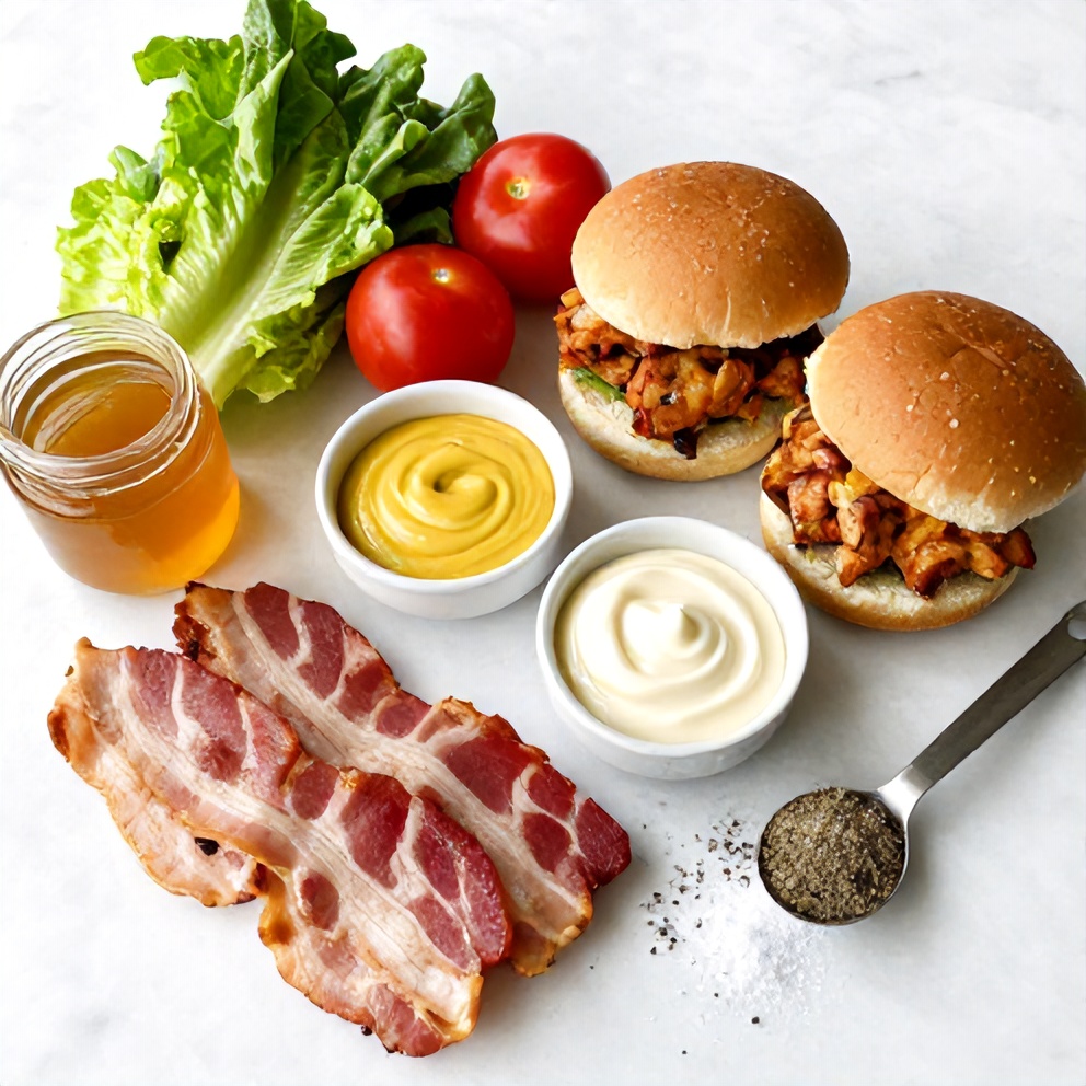 Raw ingredients for Honey Mustard BLT Chicken Sliders on a marble surface
