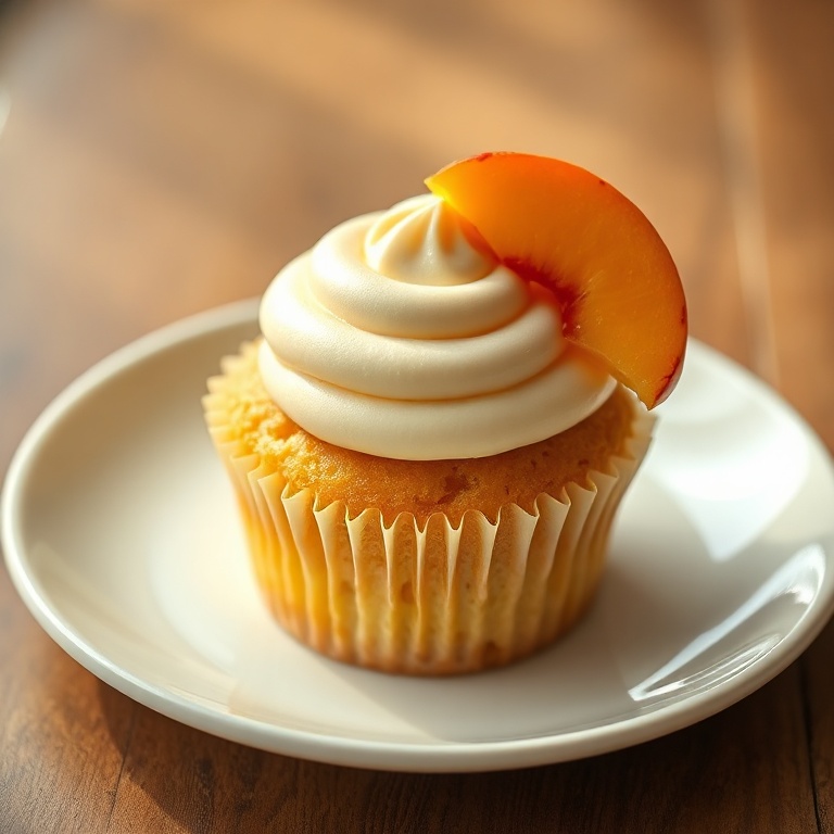 Perfectly plated honey peach cupcakes with a cream cheese topping. Garnished with peach slices.