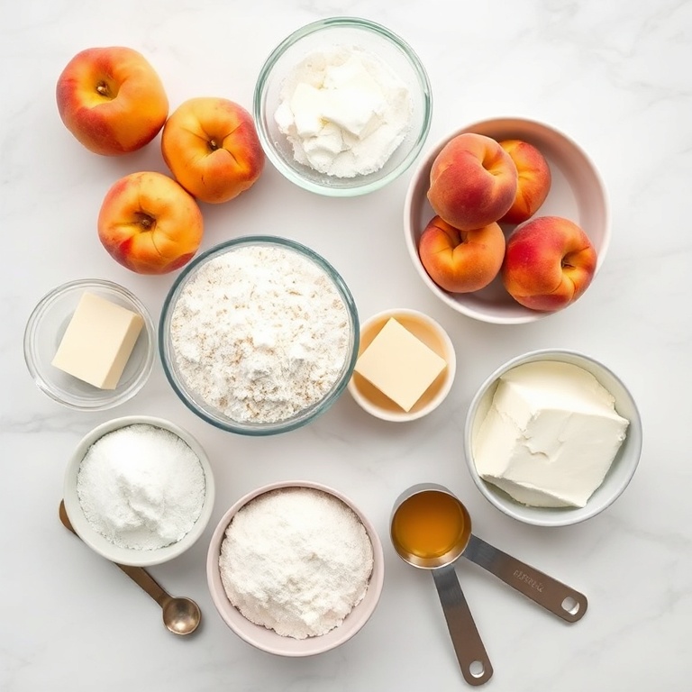 Fresh peaches, flour, sugar, cream cheese, and butter arranged in an overhead flat lay. Measuring tools visible.