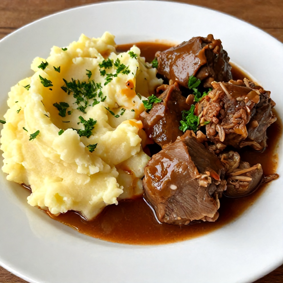 Plated Italian Pot Roast with mashed potatoes