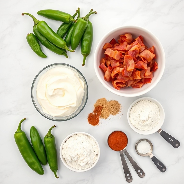 Jalapenos, cream cheese, bacon, flour, paprika, garlic powder, onion powder, salt, pepper