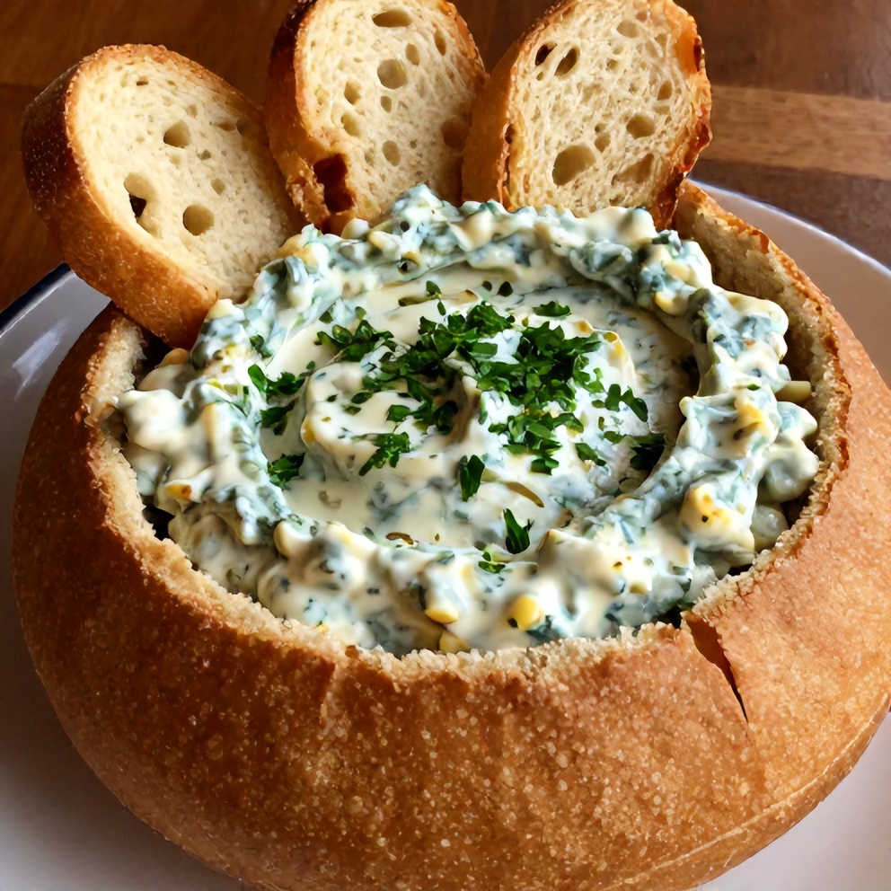 Jalapeño Spinach Artichoke Dip served in a bread bowl