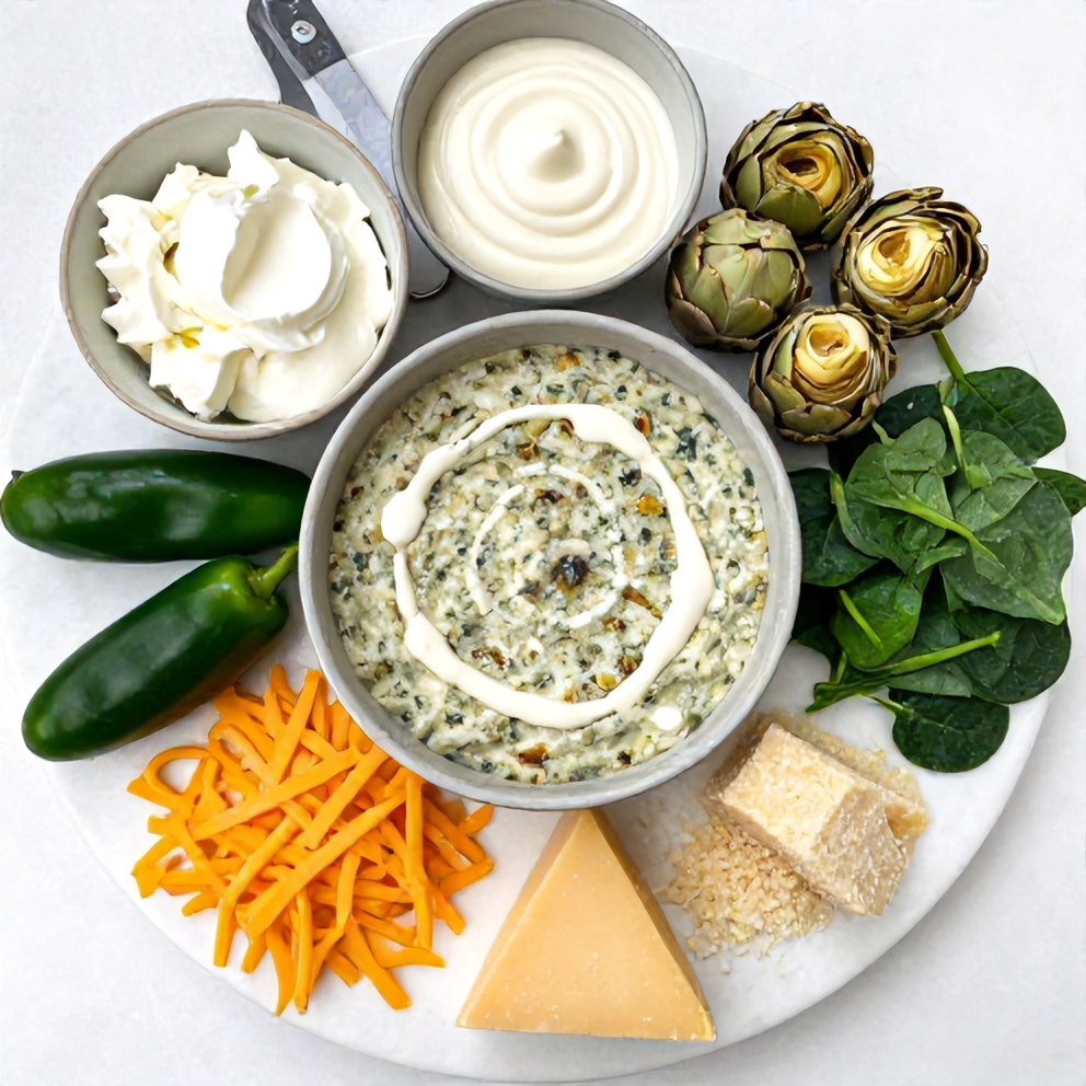 Ingredients for Jalapeño Spinach Artichoke Dip laid out on a wooden board