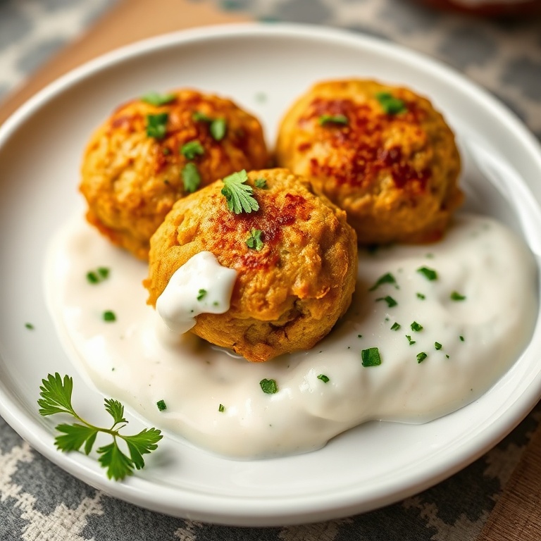 Plated chicken kofta with yogurt sauce and fresh herbs. Close-up shows the golden crust and creamy sauce.
