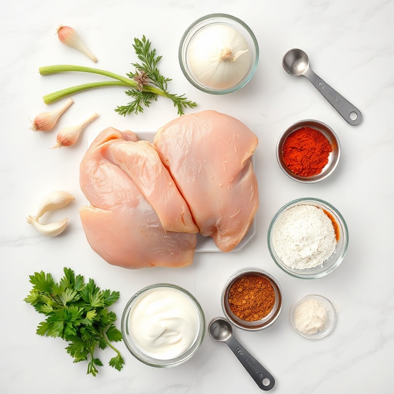 Fresh chicken, garlic, onions, yogurt, and spices arranged in an overhead flat lay. Measuring tools and bowls visible.