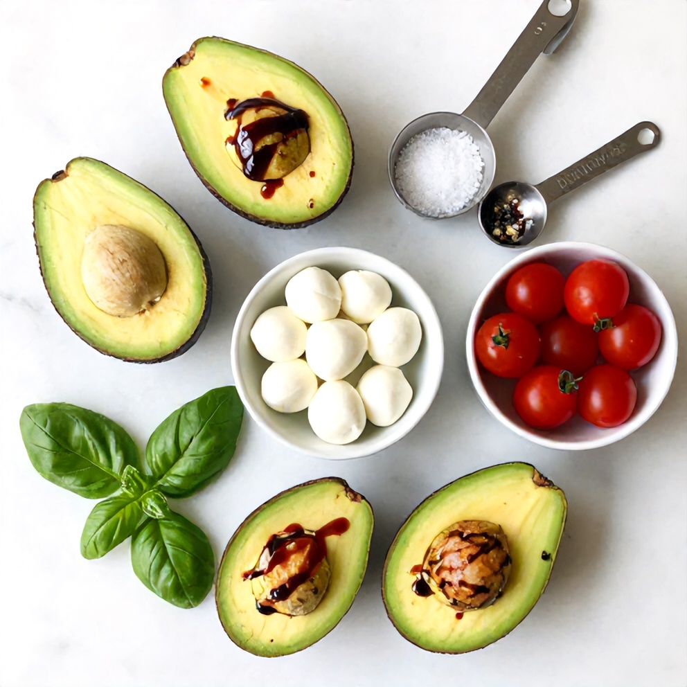 Raw ingredients for Keto Caprese Stuffed Avocado Bites on a white marble surface