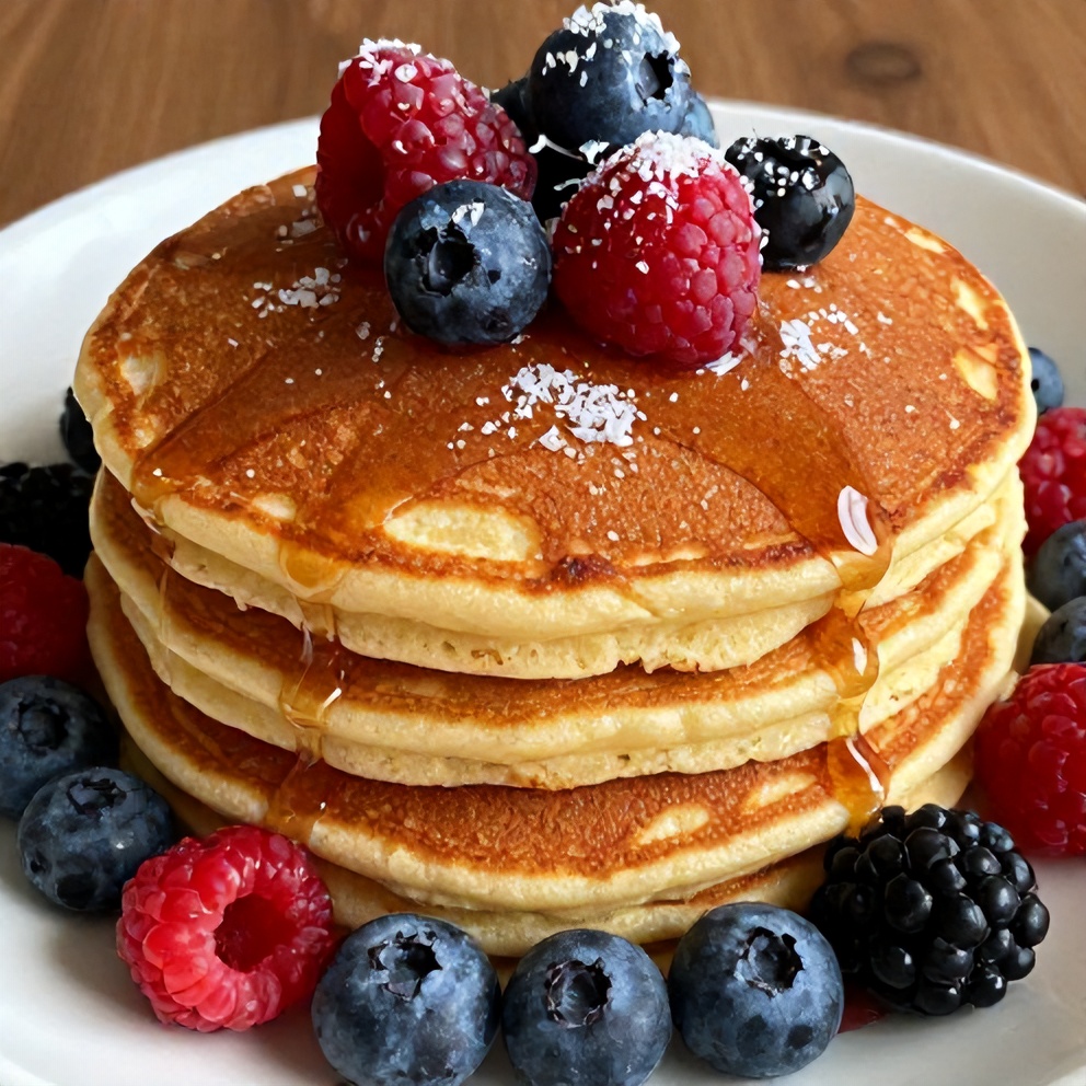 Plated serving of keto coconut flour pancakes with fresh berries and a drizzle of sugar-free syrup