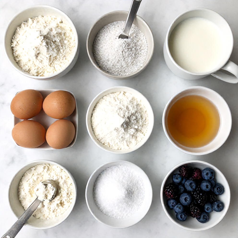 Overhead flat lay of coconut flour, eggs, almond milk, berries, and other ingredients for keto pancakes