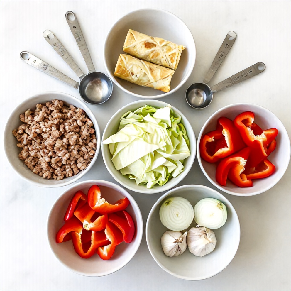Raw ingredients for Keto Egg Roll in a Bowl