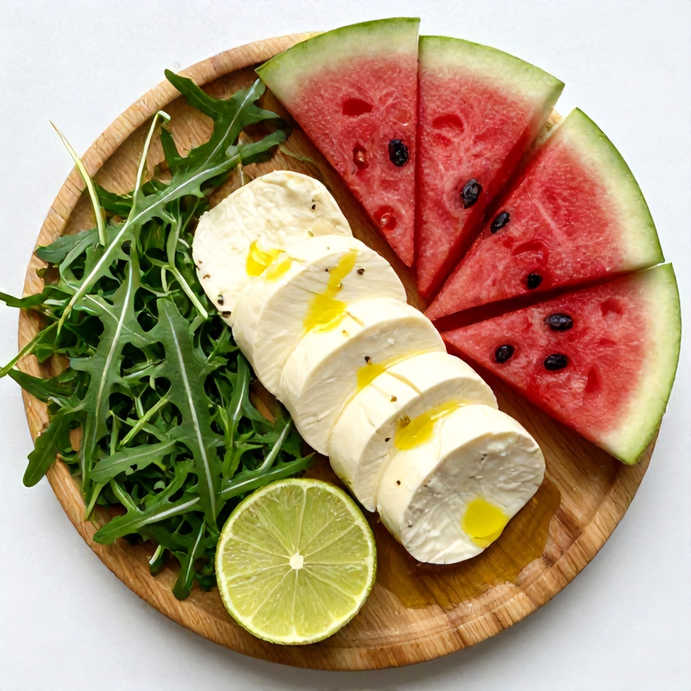 Halloumi, Watermelon, Arugula, Lime, and Olive Oil on a Wooden Board