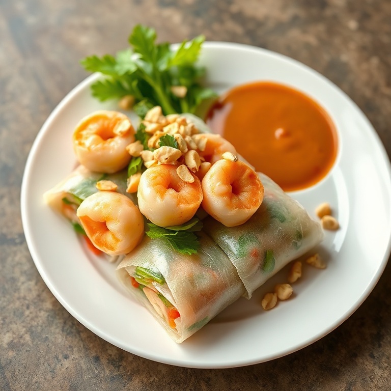 Plated spring rolls with shrimp and vegetables, garnished with chopped peanuts and a side of peanut sauce