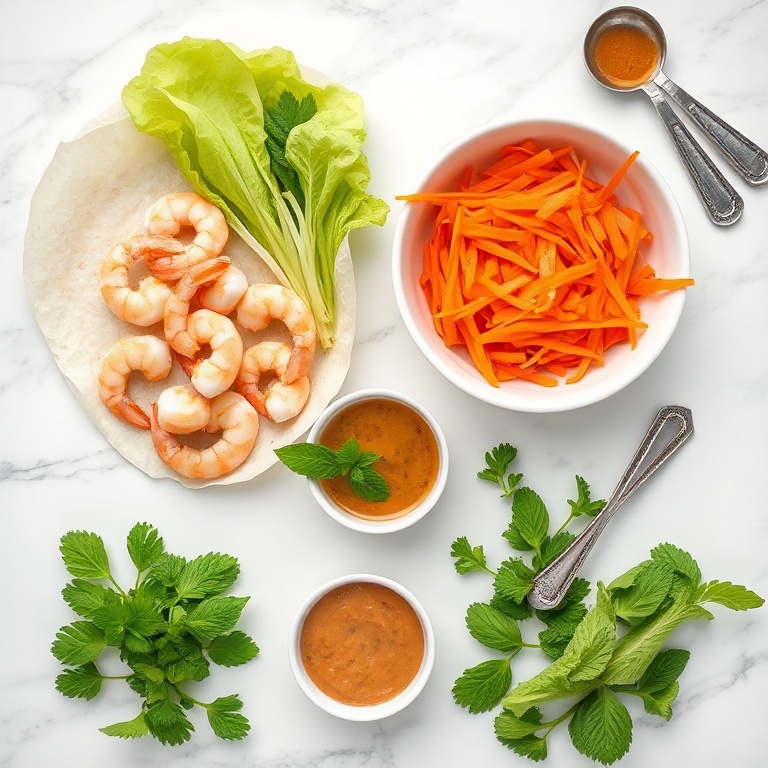Fresh shrimp, rice paper wrappers, shredded carrots, cabbage, mint, and peanut sauce arranged in a flat lay on white marble