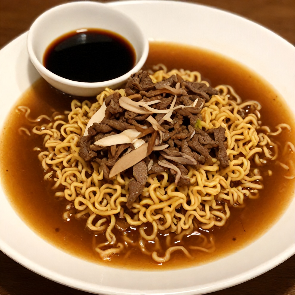 One perfect serving of Korean Beef Ramen plated on a white dish, with a side of soy sauce for dipping.