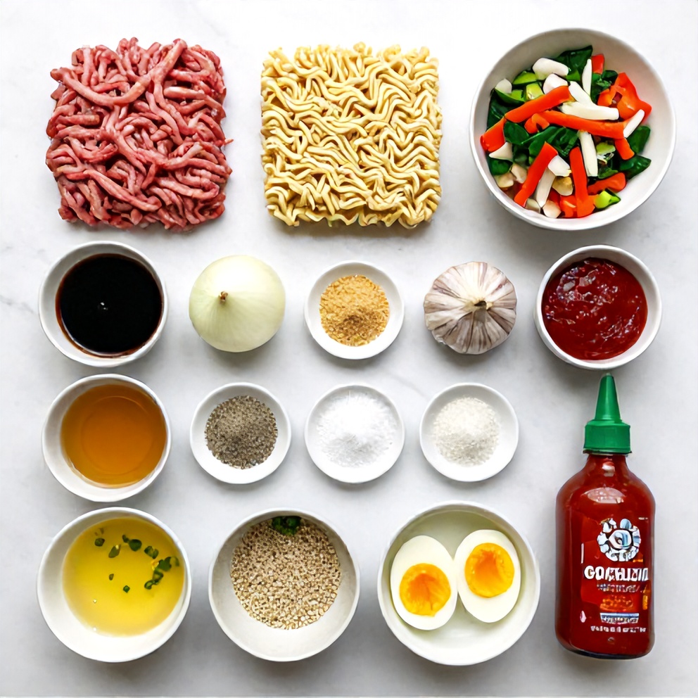 Raw ingredients for Korean Beef Ramen arranged in an overhead flat lay, including beef, ramen noodles, and vegetables.
