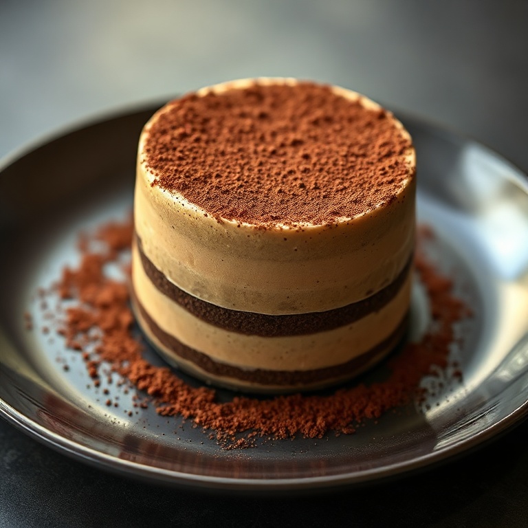 Perfect plated serving of espresso mousse with a dusting of cocoa powder. Rich layers visible. Warm side lighting showing texture. Dark ceramic plate. Photorealistic food photography style.