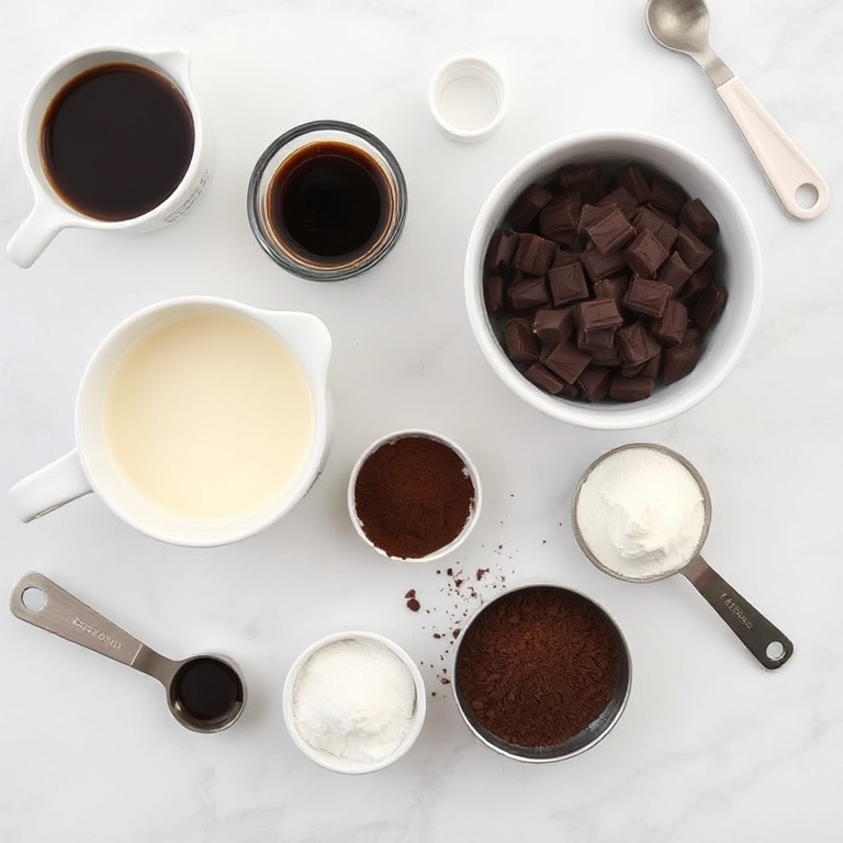 Raw ingredients for espresso mousse in an overhead flat lay. Coffee, cream, sugar, chocolate, and espresso powder visible. Measuring cups, spoons, and bowls in the background. Bright even light. White marble surface.