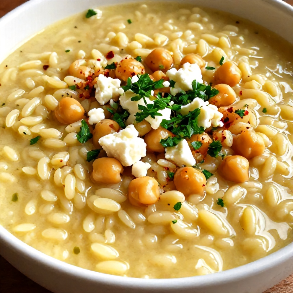 Plated serving of Lemon Chickpea Orzo Soup