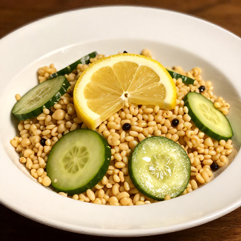 Lemon Cucumber Couscous Salad served in a bowl with a lemon slice