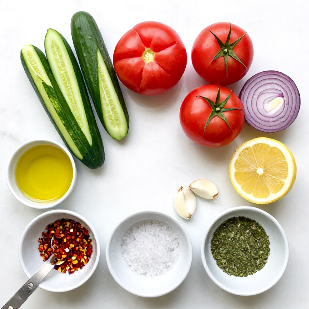 Raw ingredients for Lemon Cucumber Couscous Salad on a marble surface