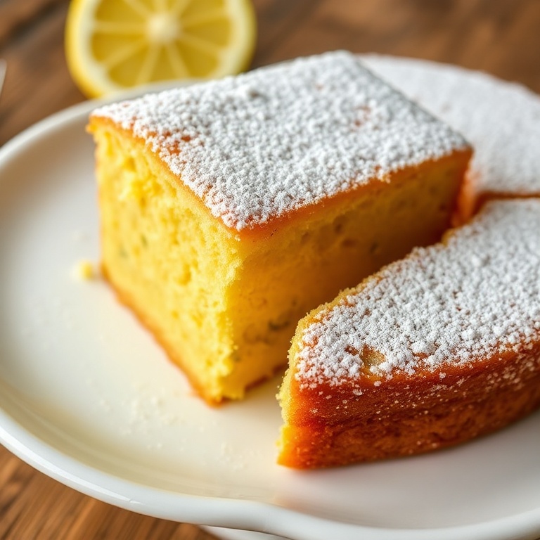 Perfectly plated lemon poppy seed cake with a dusting of powdered sugar, close crop showing the golden surface, warm side lighting highlighting texture, white ceramic plate