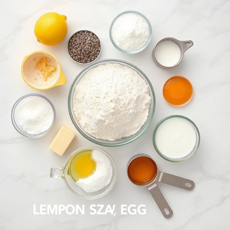 Overhead flat lay of lemon poppy seed cake ingredients: lemon zest, poppy seeds, all-purpose flour, sugar, eggs, butter, baking powder, milk, and vanilla extract, measuring spoons and cups visible, white marble surface, bright even light