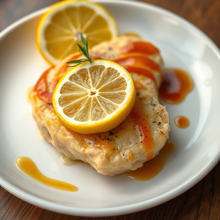 Garnished with a lemon slice and a drizzle of glaze on a white plate.