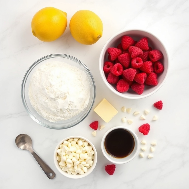 Flour, sugar, butter, lemons, raspberries, white chocolate chips, and vanilla in a flat lay.
