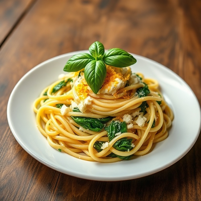 A perfect plate of lemon ricotta pasta with spinach. Fresh basil and lemon zest garnish the top. A simple white plate with a rustic wood background. Warm light enhances the colors.