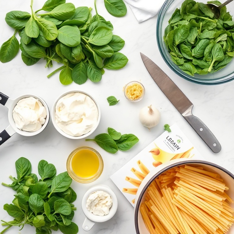 A flat lay of fresh spinach, ricotta cheese, lemon zest, garlic, olive oil, and pasta. Measuring cups, a chef's knife, and a mixing bowl fill the frame. A white marble surface with soft natural light.