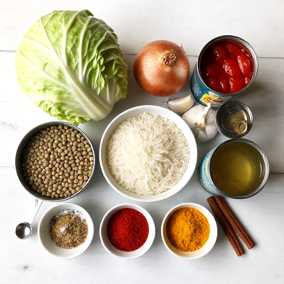 Ingredients for Easy Lentil and Rice Stuffed Cabbage Rolls