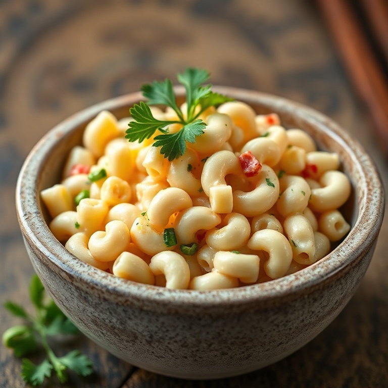 Plated macaroni salad with parsley garnish
