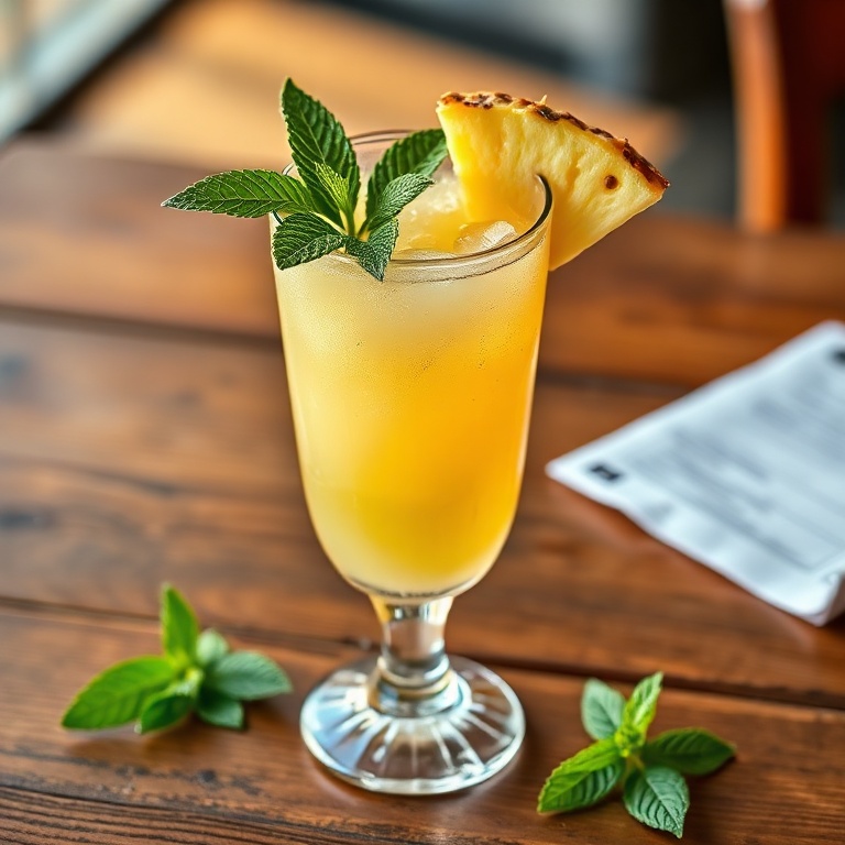 A mai tai on a wooden table with a pineapple wedge and mint