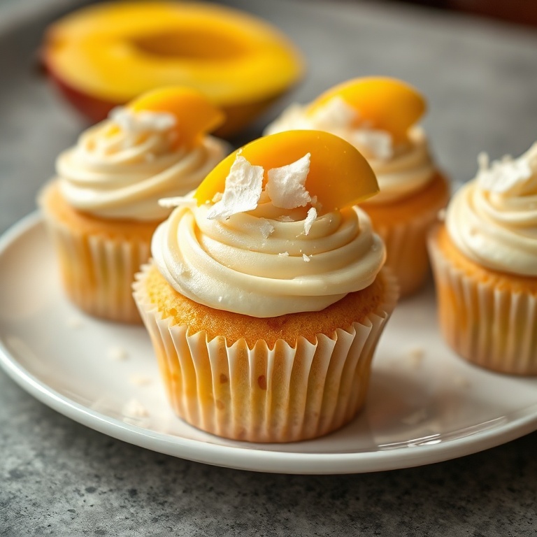 Cupcakes plated on a white ceramic plate with a mango slice and coconut flakes on top. Close-up shows the creamy frosting and tropical garnish.