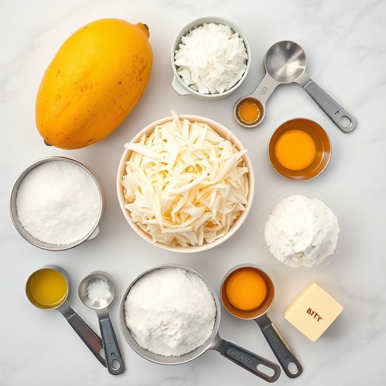 Fresh mango, shredded coconut, flour, sugar, eggs, and butter arranged in an overhead flat lay. Measuring spoons and cups visible on white marble surface.