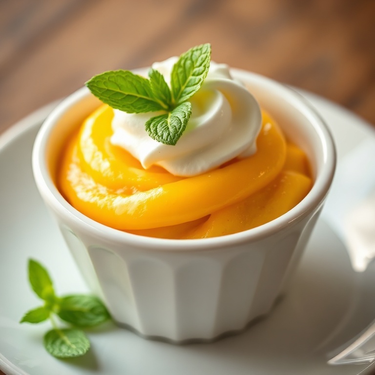 A single serving of mango mousse topped with fresh whipped cream and a mint leaf. Presented in a white ceramic bowl with warm lighting.