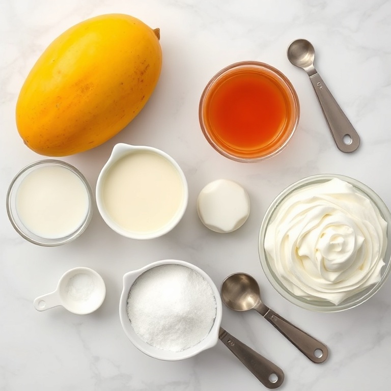 Fresh mango, heavy cream, gelatin, sugar, and a bowl of whipped cream. Ingredients laid on a white marble surface with measuring cups and spoons.