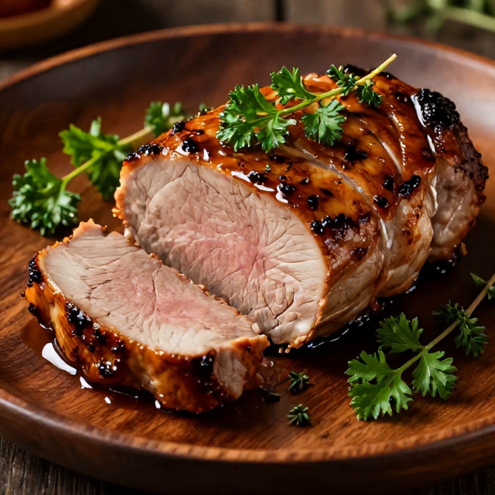 Plated Maple Dijon Pork Tenderloin with fresh herbs