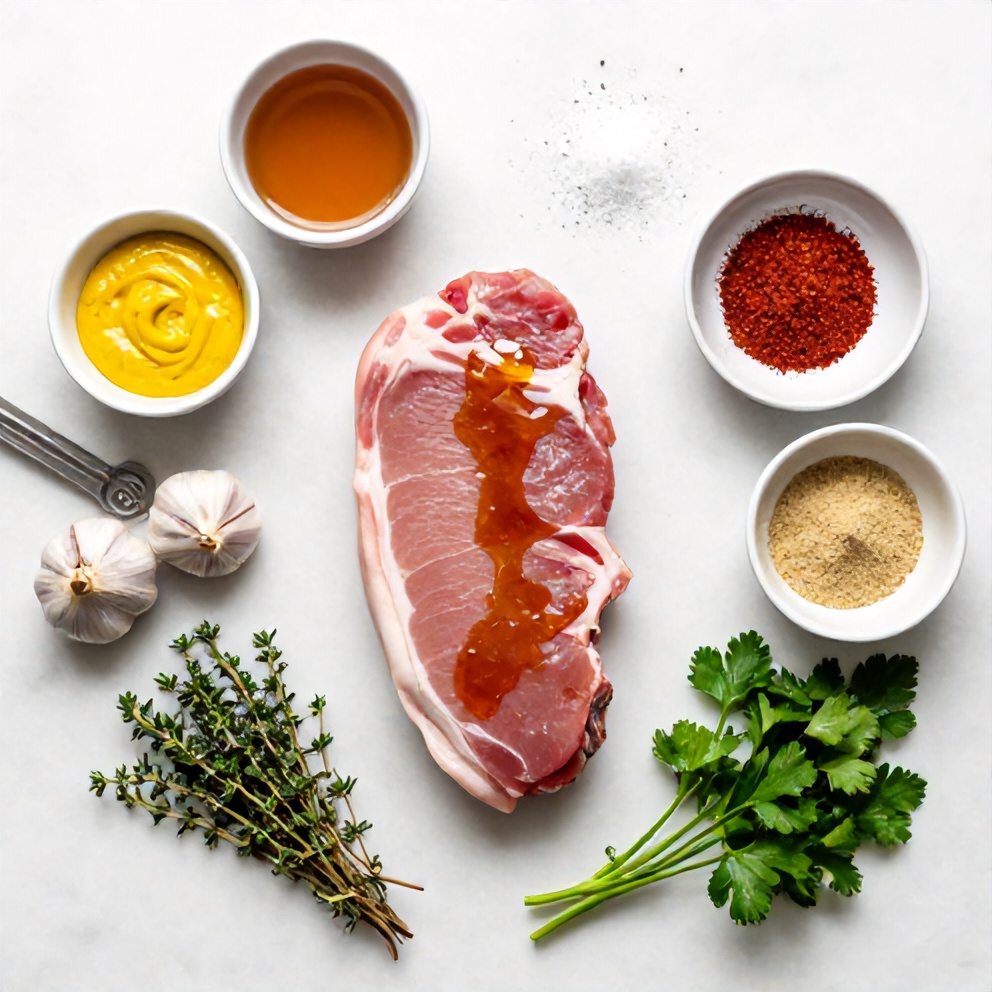 Raw ingredients for Maple Dijon Pork Tenderloin on a marble surface