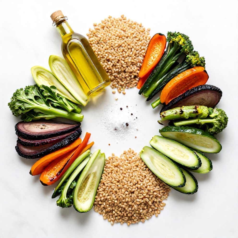 Raw Ingredients for Farro Salad with Roasted Vegetables