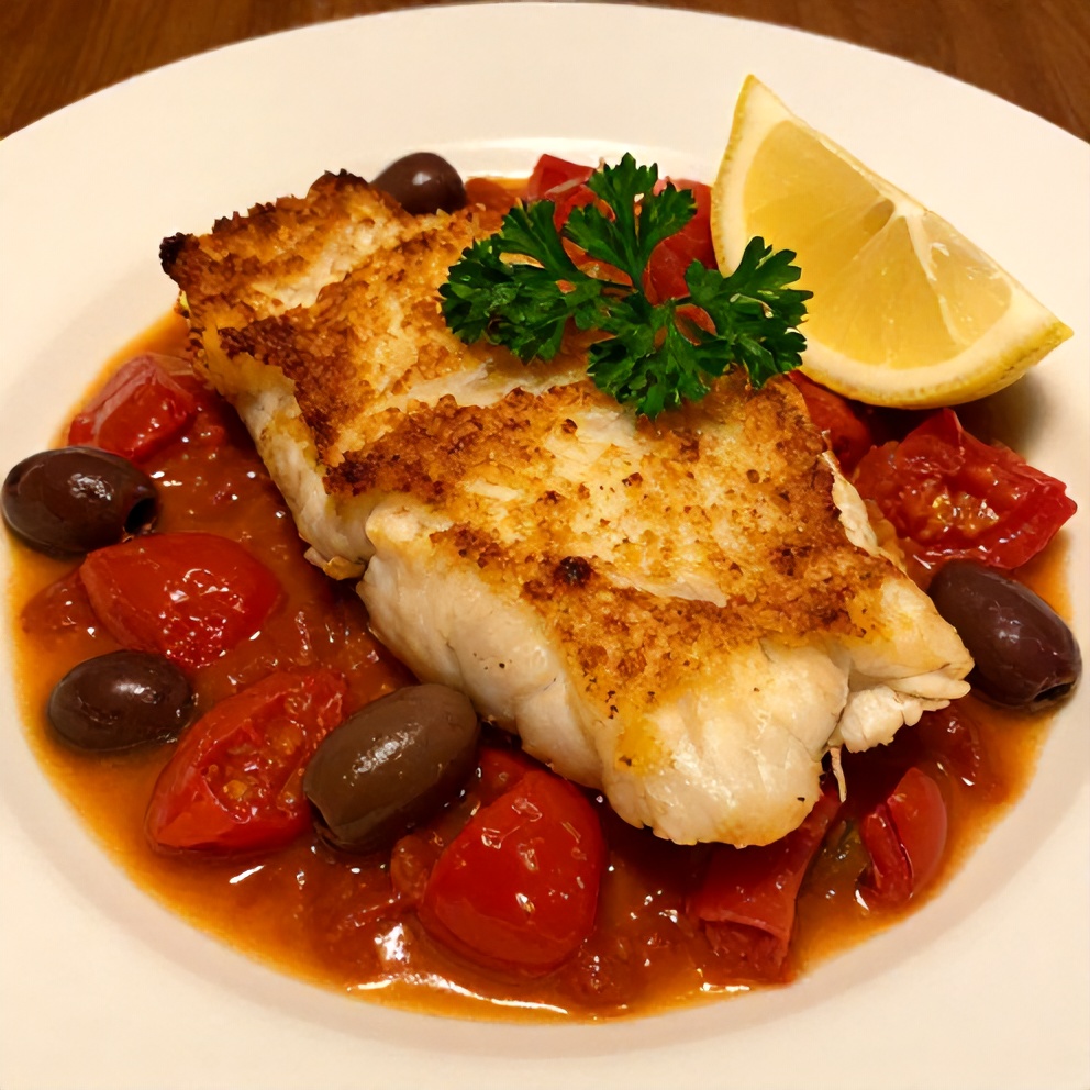 Plated Mediterranean Baked Cod with Tomatoes and Olives