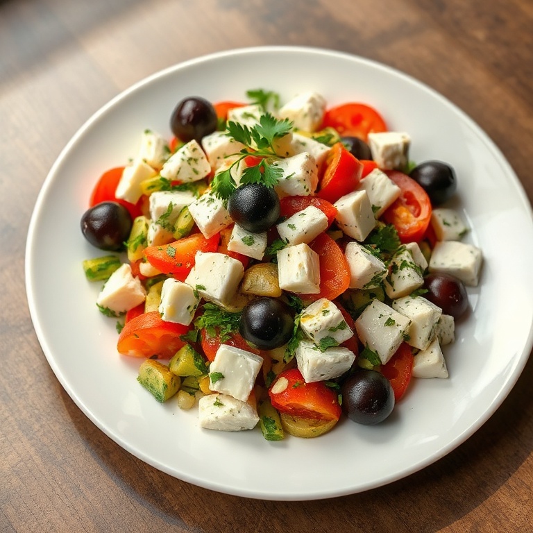 Perfectly plated Mediterranean Chopped Salad with feta, olives, and fresh herbs on a white plate. Warm light shows the texture and layers.