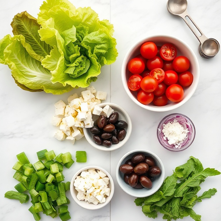 Fresh lettuce, cucumbers, tomatoes, crumbled feta, pitted olives, and red onion arranged in a flat lay on a white marble surface.