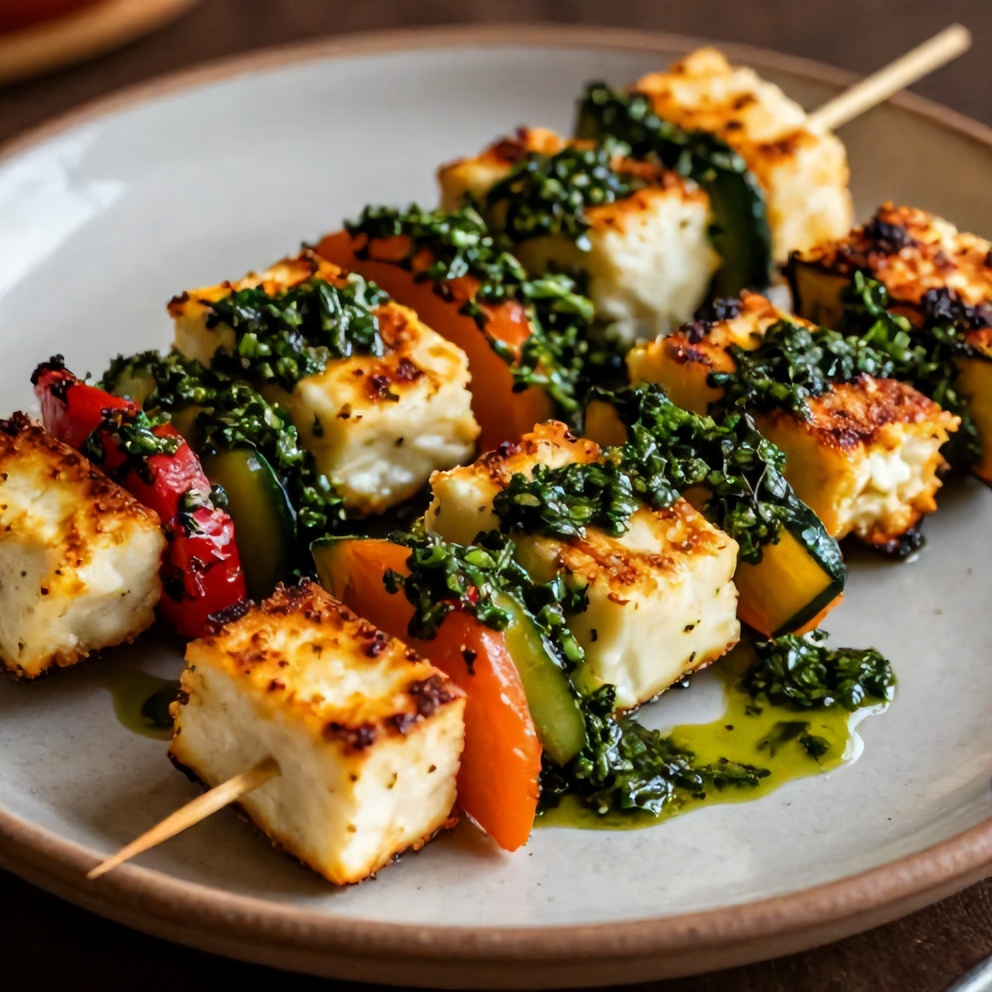 Plated Halloumi skewers with herb sauce, served on a rustic plate