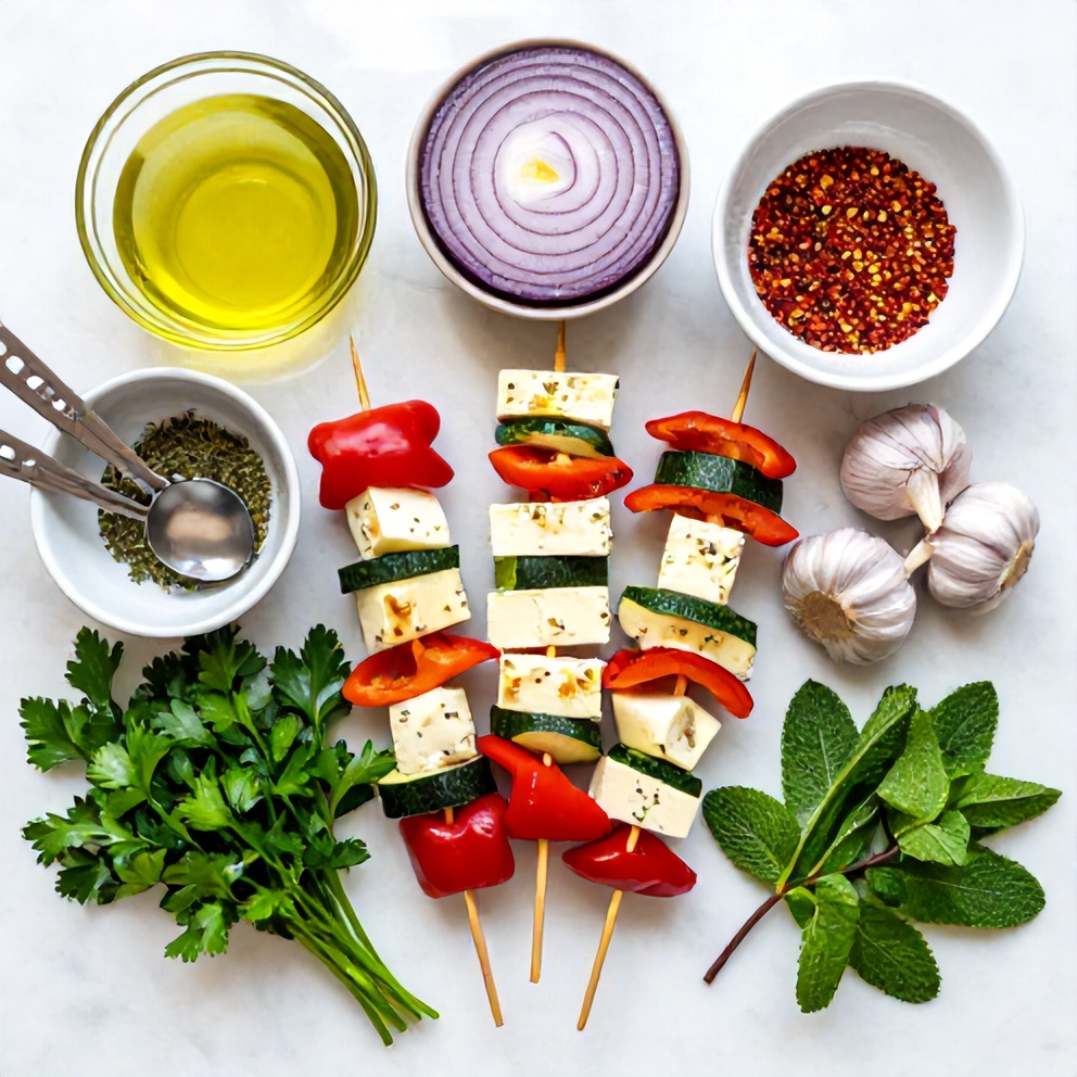 Raw ingredients for Halloumi skewers: halloumi, bell peppers, zucchini, red onion, olive oil, herbs, and spices laid out on a wooden surface