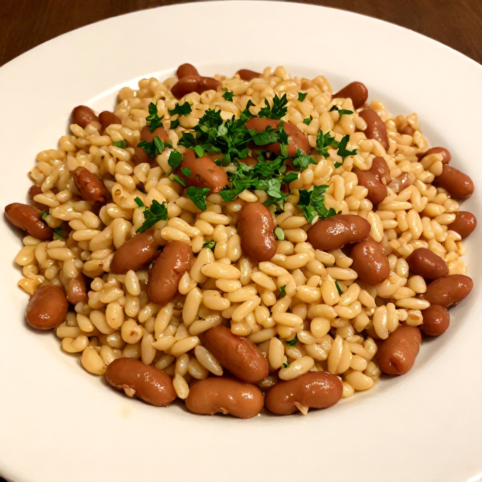 Plated Mediterranean Orzo and Beans One-Pot Dinner with fresh parsley