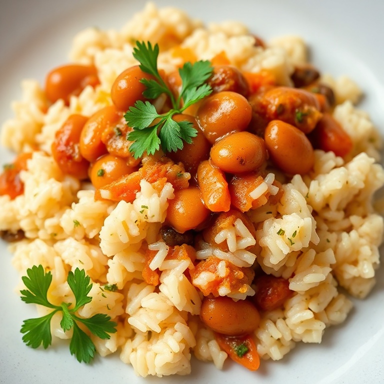 Perfectly plated Mediterranean rice and beans with fresh parsley. Close crop showing golden edges and rich sauce.