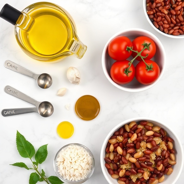 Overhead flat lay of olive oil, garlic, tomatoes, rice, and beans. Measuring spoons and bowls visible on white marble surface.