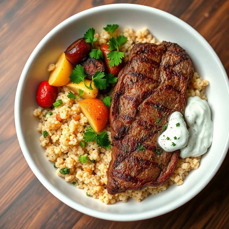 A perfectly plated Mediterranean steak bowl with cucumbers, cherry tomatoes, and a drizzle of tzatziki. Served in a white bowl with a fresh herb garnish.