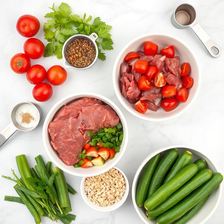 Raw ingredients for a Mediterranean steak bowl: flank steak, cherry tomatoes, red onion, bell peppers, quinoa, and cucumbers. Measuring cups and bowls nearby on a white surface.